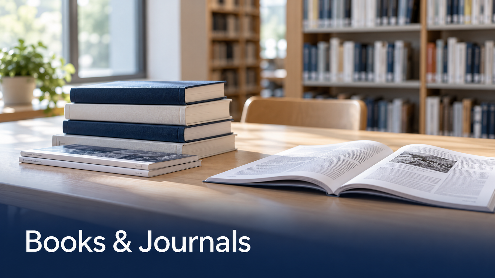 Books and Journals: academic books and an open journal on a library desk