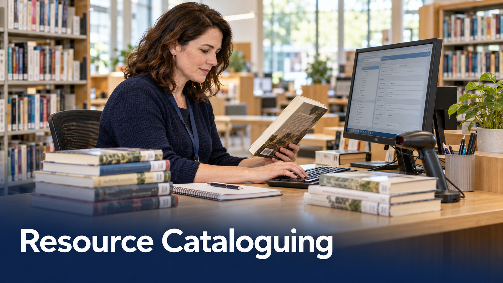 Resource Cataloguing: a librarian checking a book and updating a catalogue record